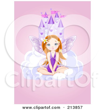 Royalty-Free (RF) Clipart Illustration of a Fairy Girl Sitting On A Cloud In Front Of A Castle by Pushkin
