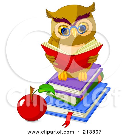 Royalty-Free (RF) Clipart Illustration of a Cute Owl Reading On A Stack Of Books By An Apple by Pushkin