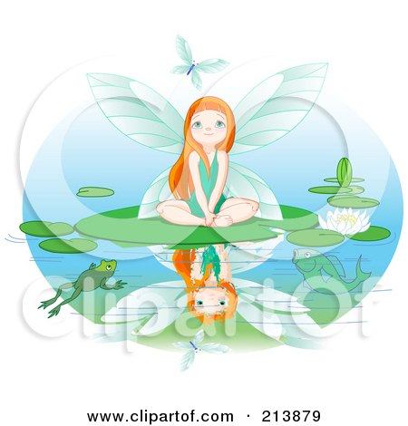 Royalty-Free (RF) Clipart Illustration of a Fairy Watching A Dragonfly While Sitting On A Lily Pad by Pushkin