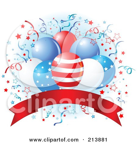 Royalty-Free (RF) Clipart Illustration of a American Party Balloons Over A Red Banner With Confetti by Pushkin