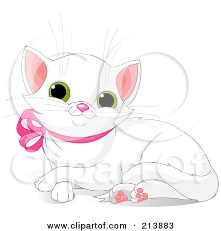 Royalty-Free (RF) Clipart Illustration of a Resting White Kitten With A Pink Ribbon Collar by Pushkin