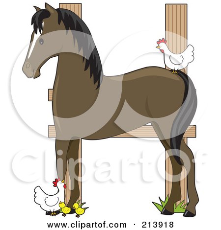 Royalty-Free (RF) Clipart Illustration of a Barnyard Horse, Fence And Chickens In The Shape Of An H by Maria Bell