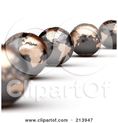 Royalty-Free (RF) Clipart Illustration of a Curving Line Of 3d World Globes With North And South America In Focus by stockillustrations