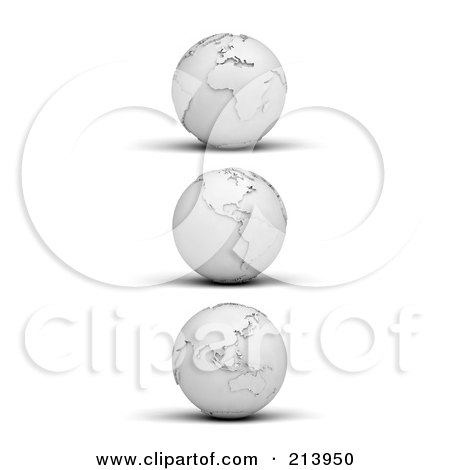 Royalty-Free (RF) Clipart Illustration of a Digital Collage Of Three 3d White Paper Globes, With Shadows On White by stockillustrations