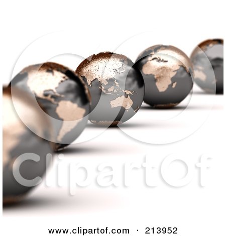 Royalty-Free (RF) Clipart Illustration of a Curving Line Of 3d World Globes With Asia And Australia In Focus by stockillustrations