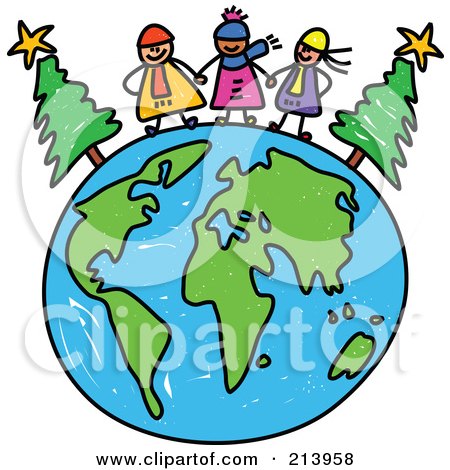 Royalty-Free (RF) Clipart Illustration of a Childs Sketch Of Happy Winter Children On A Globe by Prawny