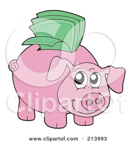Royalty-Free (RF) Clipart Illustration of a Happy Piggy Bank With Green Cash In The Slot by visekart
