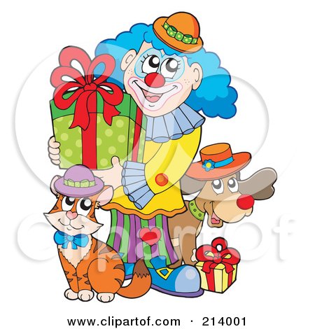 Royalty-Free (RF) Clipart Illustration of a Party Clown With A Dog And Cat, Carrying A Birthday Gift by visekart