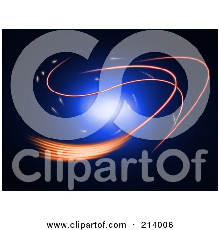 Royalty-Free (RF) Clipart Illustration of a Background Of Orange Moving Lights Over Blue Glowing Light On Black by oboy