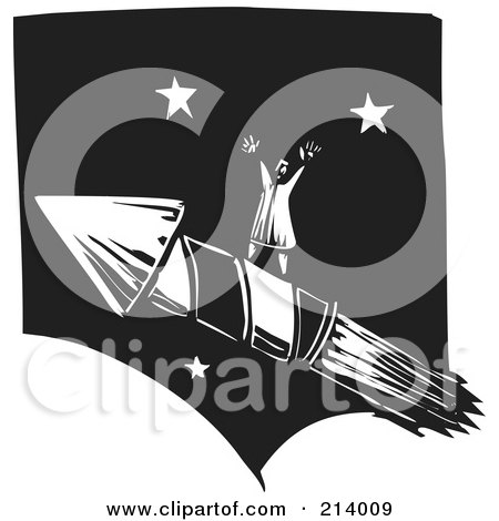Royalty-Free (RF) Clipart Illustration of a Woodcut Styled Man Standing On A Rocket, Shooting Through A Starry Sky by xunantunich