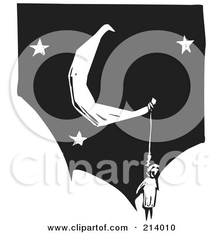 Royalty-Free (RF) Clipart Illustration of a Woodcut Styled Person Hanging From A Moon by xunantunich