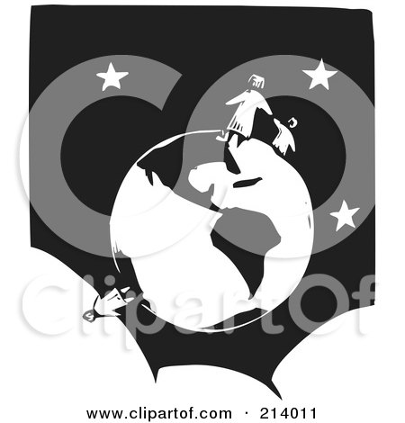 Royalty-Free (RF) Clipart Illustration of a Woodcut Styled Family On A Globe Over A Starry Sky by xunantunich