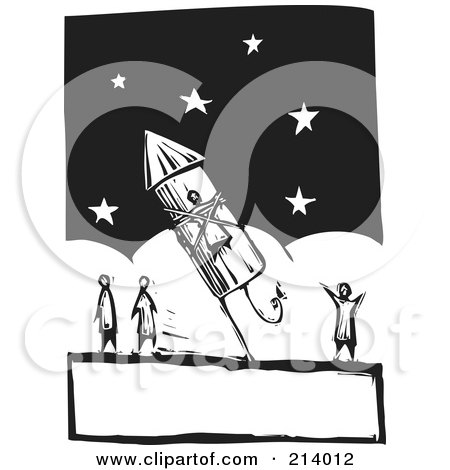 Royalty-Free (RF) Clipart Illustration of a Woodcut Styled Man Strapped To A Firework Rocket by xunantunich