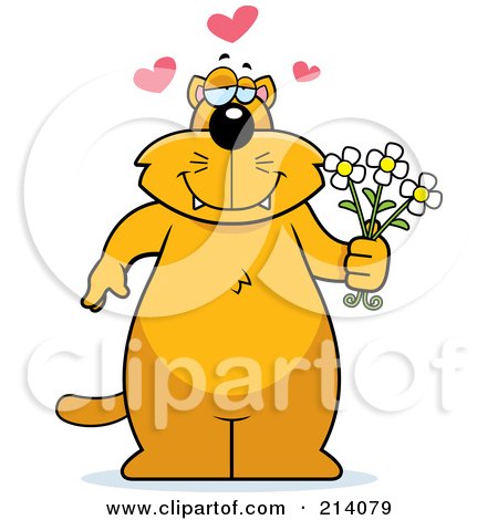 Royalty-Free (RF) Clipart Illustration of a Big Orange Cat With Hearts, Holding Flowers by Cory Thoman