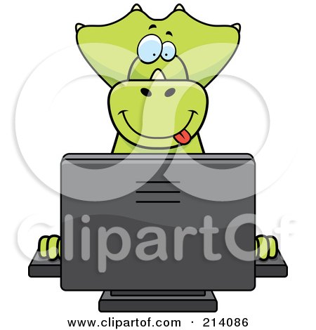 Royalty-Free (RF) Clipart Illustration of a Big Green Dino Smiling And Using A Computer by Cory Thoman