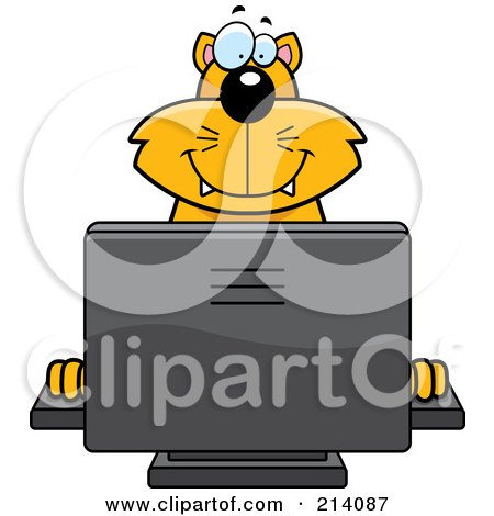 Royalty-Free (RF) Clipart Illustration of a Big Orange Cat Smiling And Using A Computer by Cory Thoman