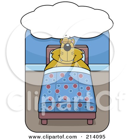 Royalty-Free (RF) Clipart Illustration of a Big Orange Cat Sleeping Under A Dream Balloon In A Bed by Cory Thoman