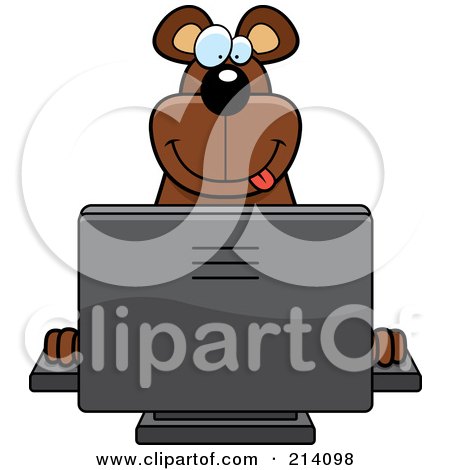 Royalty-Free (RF) Clipart Illustration of a Big Bear Smiling And Using A Computer by Cory Thoman