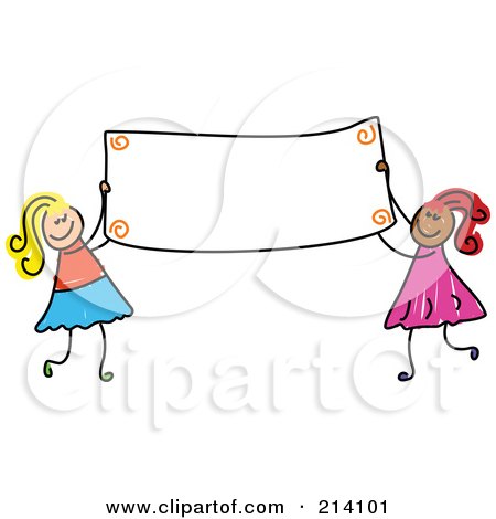 Royalty-Free (RF) Clipart Illustration of a Childs Sketch Of Girls Holding A Blank Banner by Prawny