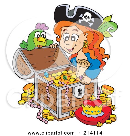 Royalty-Free (RF) Clipart Illustration of a Female Pirate Opening A Treasure Chest by visekart