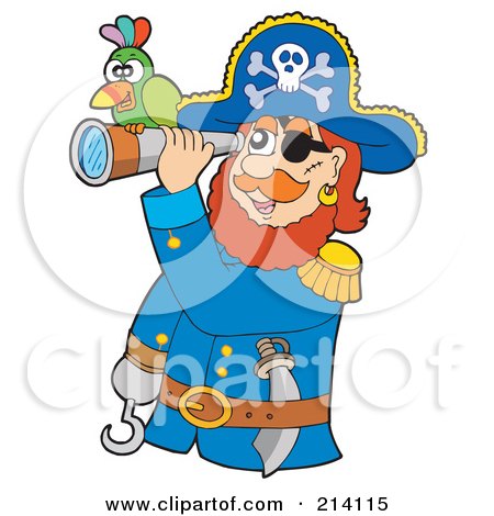Royalty-Free (RF) Clipart Illustration of a Hook Handed Pirate Viewing Through A Telescope by visekart