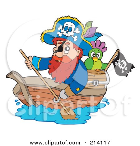 Royalty-Free (RF) Clipart Illustration of a Hook Handed Pirate Paddling A Boat by visekart