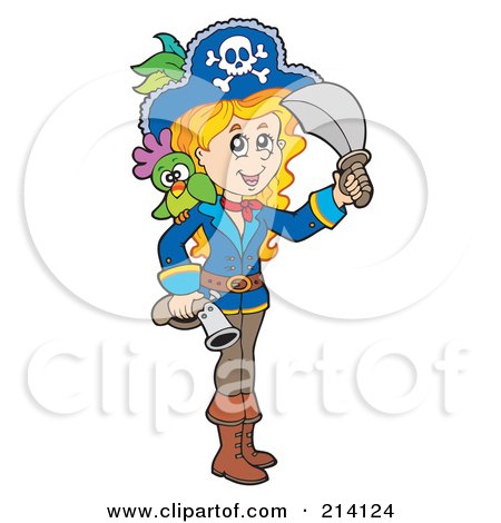 Royalty-Free (RF) Clipart Illustration of a Blond Pirate Girl Holding A Gun And Swrod by visekart