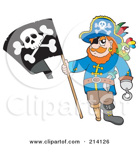 Royalty-Free (RF) Clipart Illustration of a Peg Leg Pirate Holding A Jolly Roger Flag by visekart