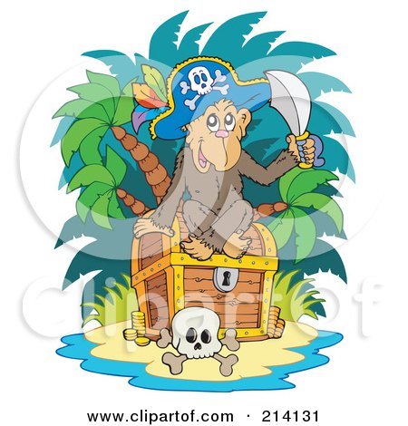 Royalty-Free (RF) Clipart Illustration of a Monkey Pirate Sitting On A Treasure Chest On A Beach by visekart