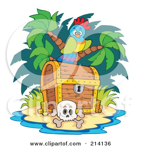 Royalty-Free (RF) Clipart Illustration of a Parrot And Skull By A Treasure Chest On A Beach by visekart