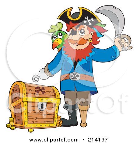 Royalty-Free (RF) Clipart Illustration of a Male Pirate Standing By A Treasure Chest by visekart