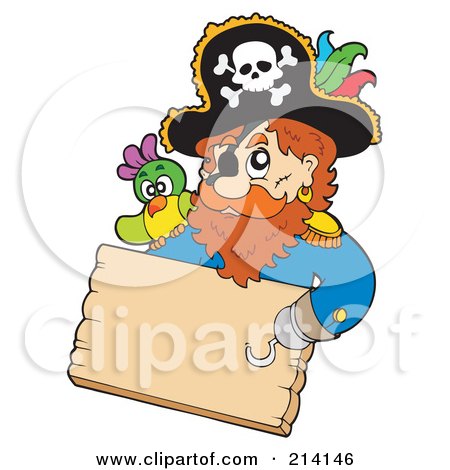 Royalty-Free (RF) Clipart Illustration of a Hook Handed Pirate Holding A Wood Sign by visekart