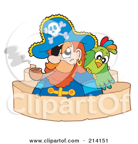 Royalty-Free (RF) Clipart Illustration of a Parchment Banner Around A Parrot And Pirate by visekart