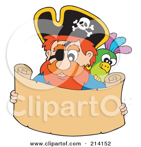 Royalty-Free (RF) Clipart Illustration of a Male Pirate Reading A Blank Scroll by visekart