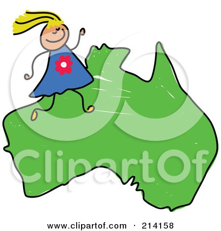 Royalty-Free (RF) Clipart Illustration of a Childs Sketch Of A Happy Australian Girl On A Map Of Asia by Prawny