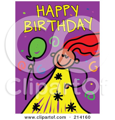 Royalty-Free (RF) Clipart Illustration of a Childs Sketch Of A Girl With Happy Birthday Text And Spirals by Prawny