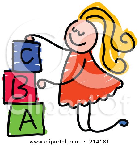 Royalty-Free (RF) Clipart Illustration of a Childs Sketch Of A Girl Stacking Letter Blocks by Prawny