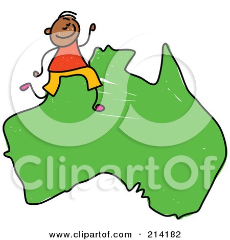 Royalty-Free (RF) Clipart Illustration of a Childs Sketch Of A Happy Australian Boy On A Map by Prawny