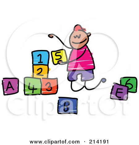 Royalty-Free (RF) Clipart Illustration of a Childs Sketch Of A Boy Playing With Letter And Number Blocks by Prawny