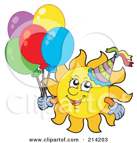 Royalty-Free (RF) Clipart Illustration of a Summer Sun Wearing A Party Hat And Holding Balloons by visekart