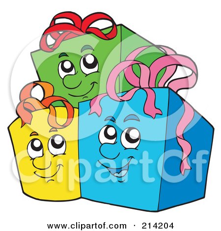 Royalty-Free (RF) Clipart Illustration of a Group Of Three Happy Gifts by visekart