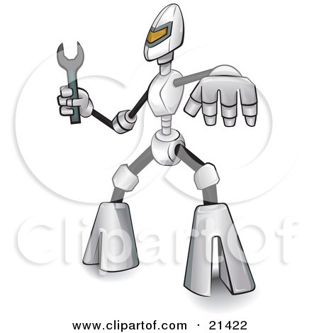 Clipart Illustration of a Metal Robot Holding A Wrench, Ready To Make Repairs, Over A White Background by Paulo Resende