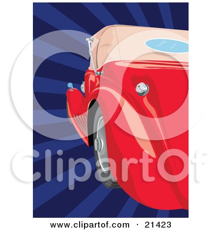 Clipart Illustration of a Shiny Red Vintage Convertible Car Parked Against A Striped Blue Retro-Revival Background by Paulo Resende