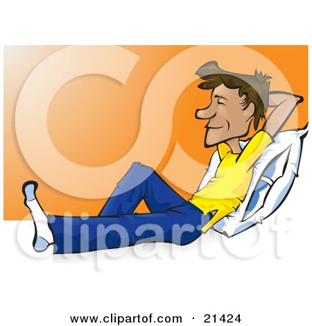 Clipart Illustration of a Happy Man In Casual Clothes, Resting His Back Against A Pillow And Holding His Arm Up Behind His Head And Smiling While Relaxing by Paulo Resende