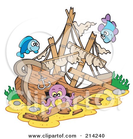 Royalty-Free (RF) Clipart Illustration of a Fish And An Octopus By A Sunken Ship by visekart