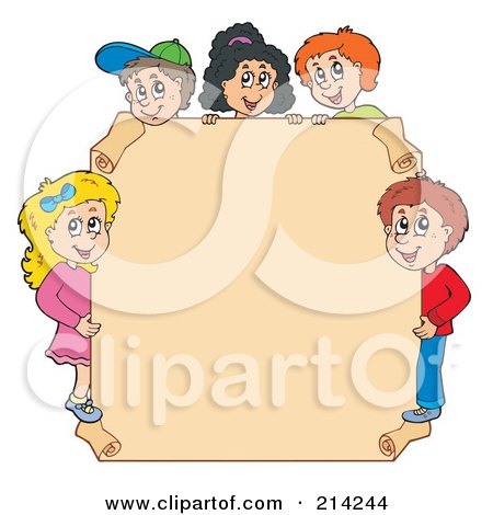 Royalty-Free (RF) Clipart Illustration of a Group Of School Children Around A Blank Tan Sign by visekart