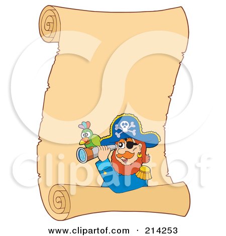 Royalty-Free (RF) Clipart Illustration of a Pirate, Parrot And Telescope On A Blank Parchment Scroll by visekart