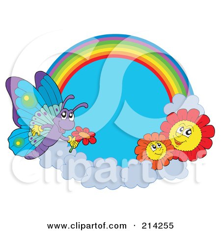 Royalty-Free (RF) Clipart Illustration of a Butterfly And Flowers Near A Rainbow In The Sky by visekart