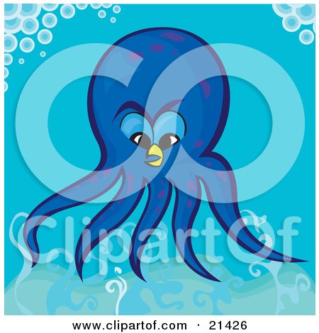 Clipart Illustration of a Blue Octopus Floating In A Bubbly Sea Of Blue Waters by Paulo Resende