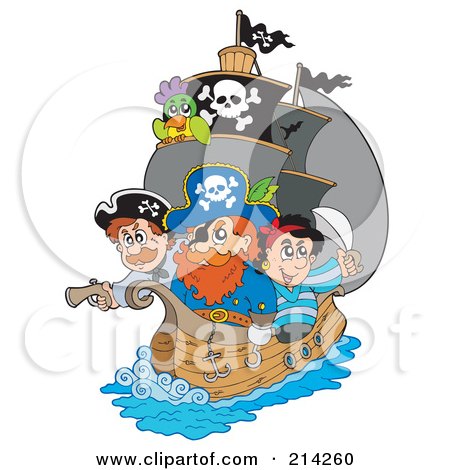 Royalty-Free (RF) Clipart Illustration of a Captain Pirate And Crew On His Ship by visekart